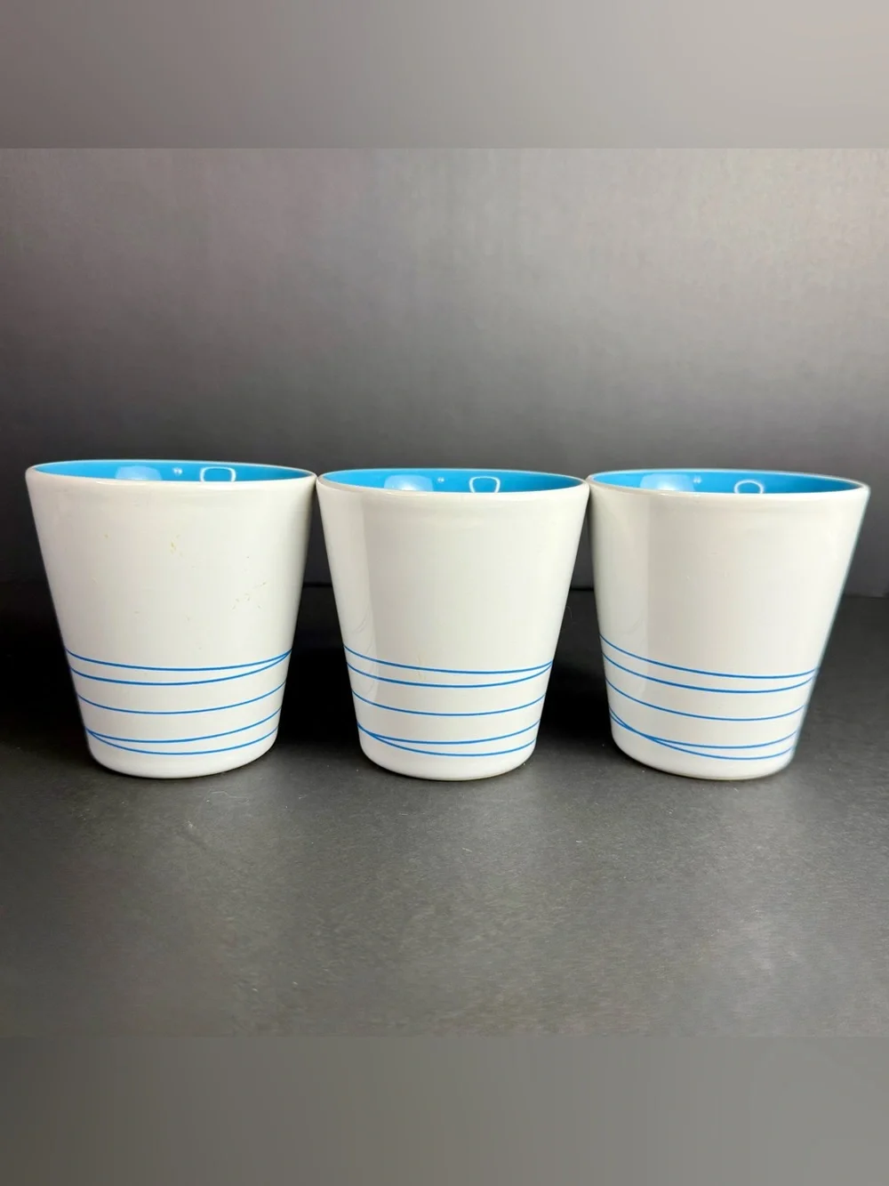 3 IKEA Hurrig Mugs White/Sky Blue Coffee Tea Cup Stackable Stick Handle Retired